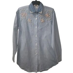 Vintage Embellished Denim Shirt‎ Floral Beaded Western Style Small